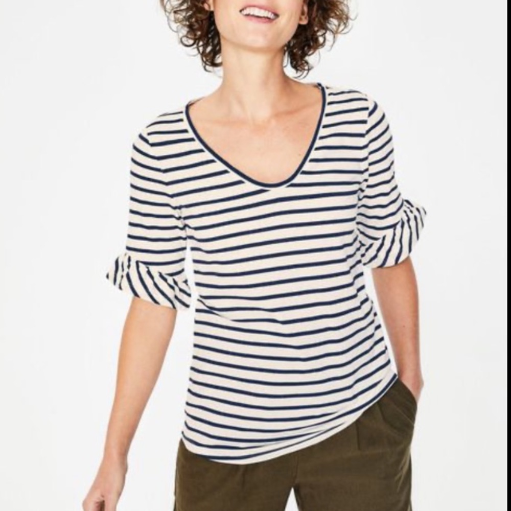 Boden Supersoft Frilled Cuff Tee Ivory/Navy, Sz Small